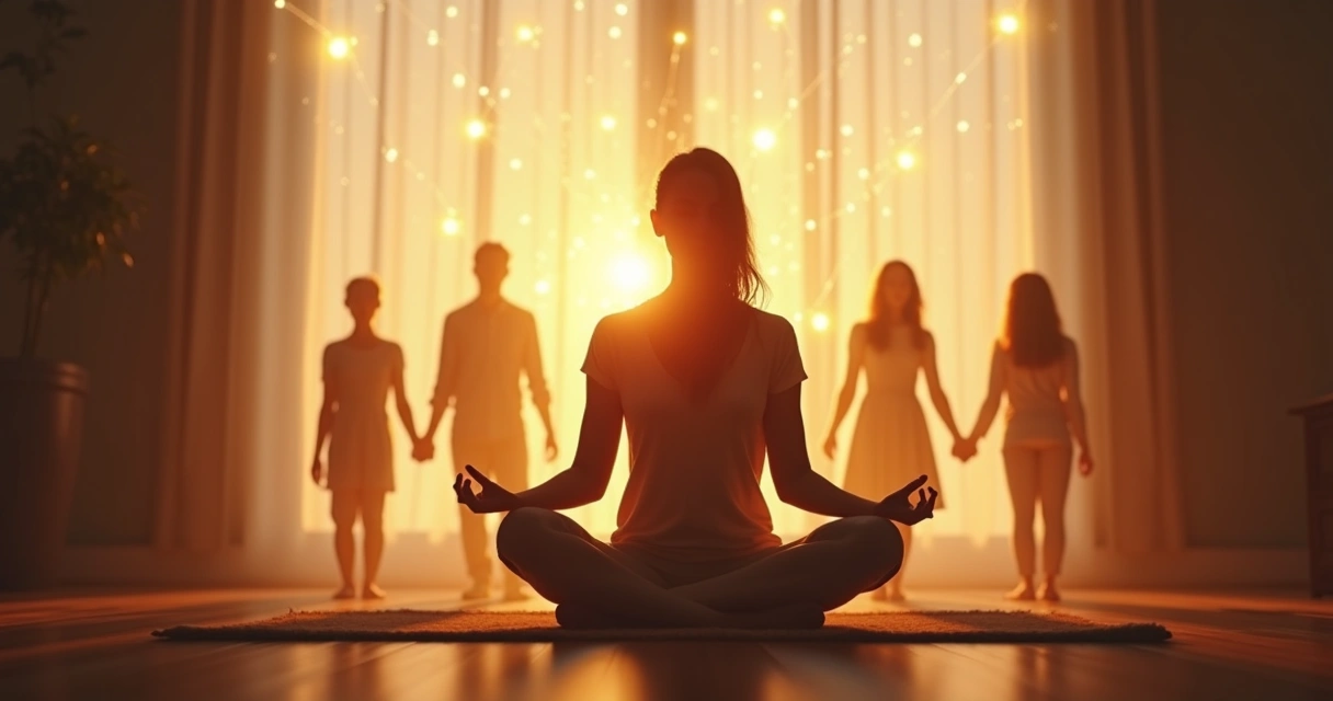 Persona sentada meditando y siluetas familiares detrás entre luces 