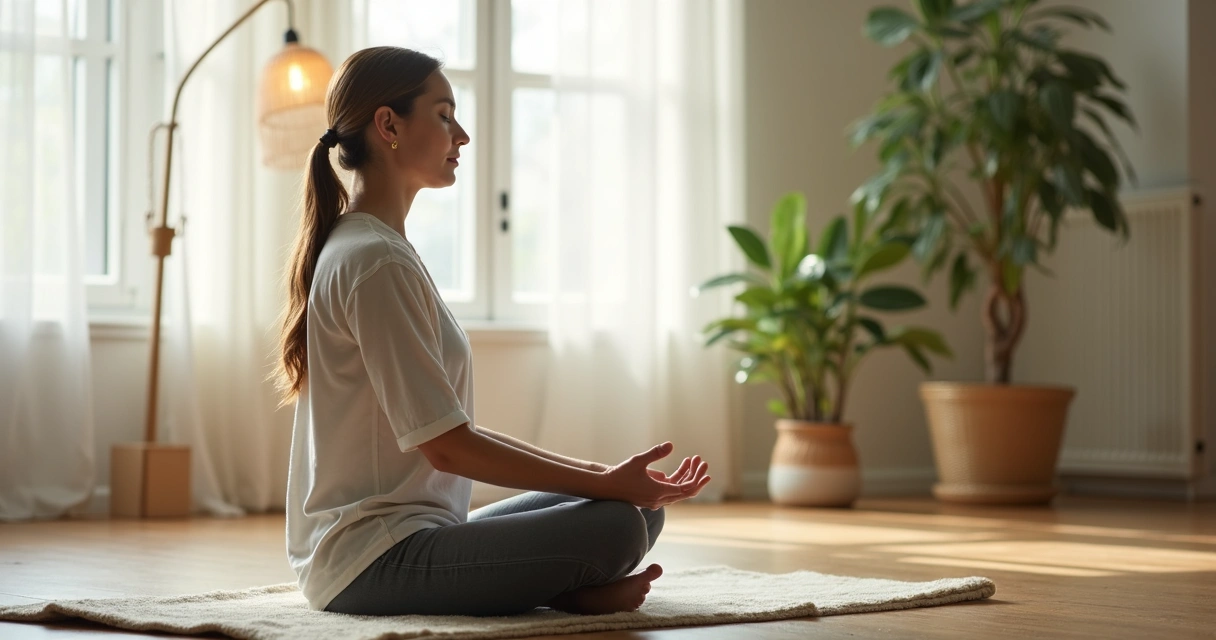 Persona meditando en una habitación tranquila y ordenada 