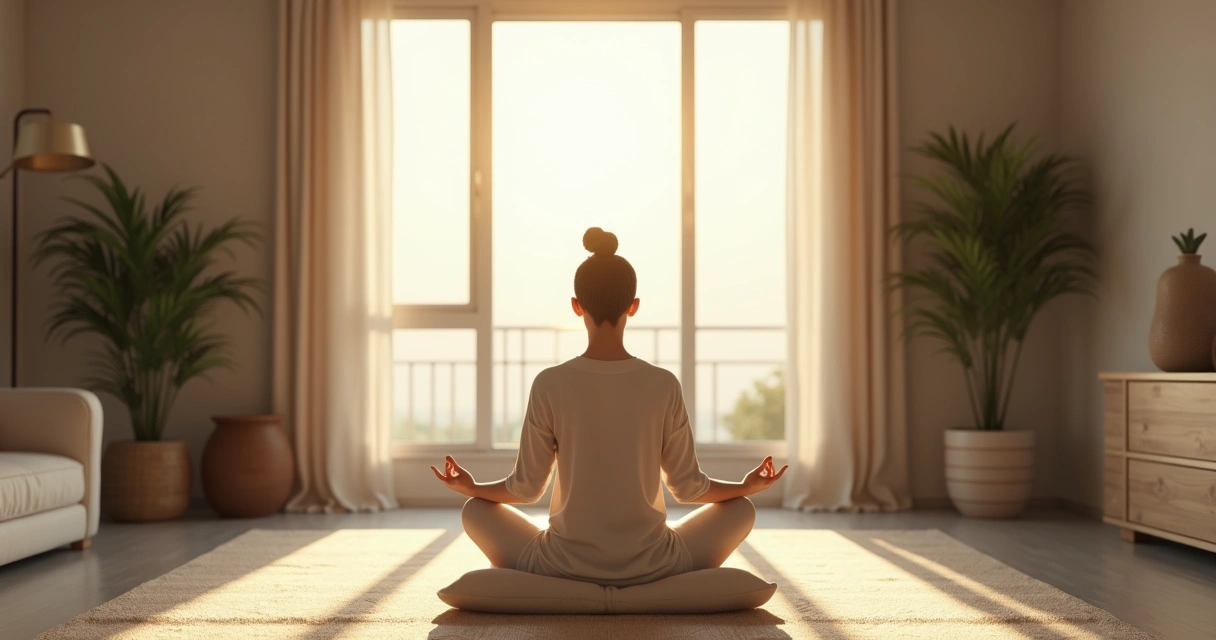 Persona sentada meditando en una habitación tranquila 