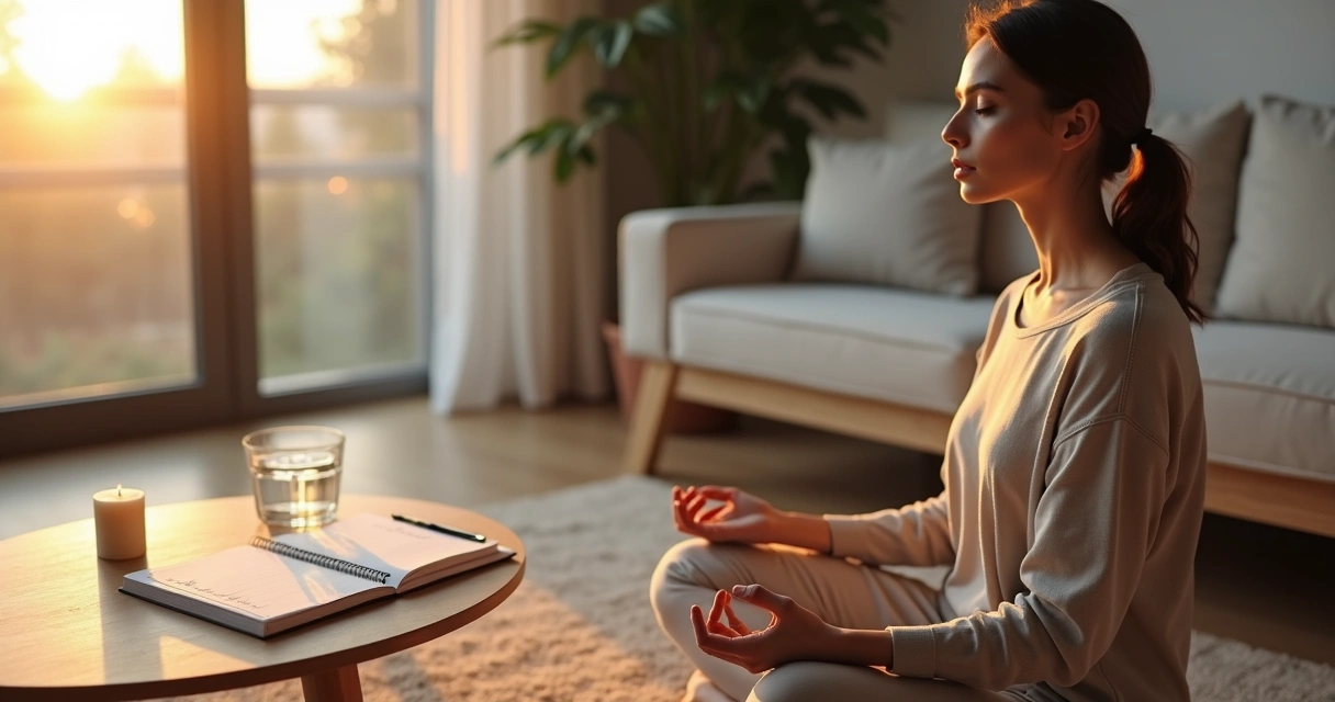 Persona sentada meditando junto a una libreta con hábitos diarios 