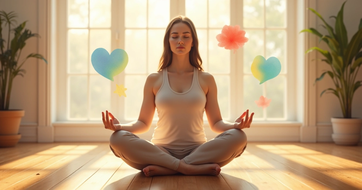 Persona sentada meditando en un entorno sereno con colores cálidos 