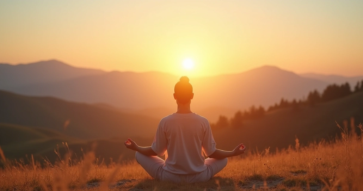 Persona meditando con un rayo de luz saliendo de su corazón hacia el horizonte 