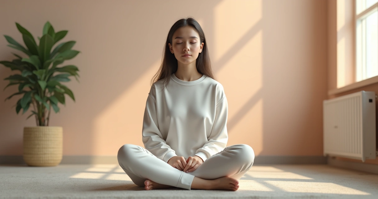 Persona sentada con las piernas cruzadas, meditando en una habitación tranquila 