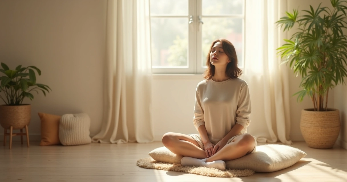 Persona sentada en meditación en un espacio interior tranquilo.