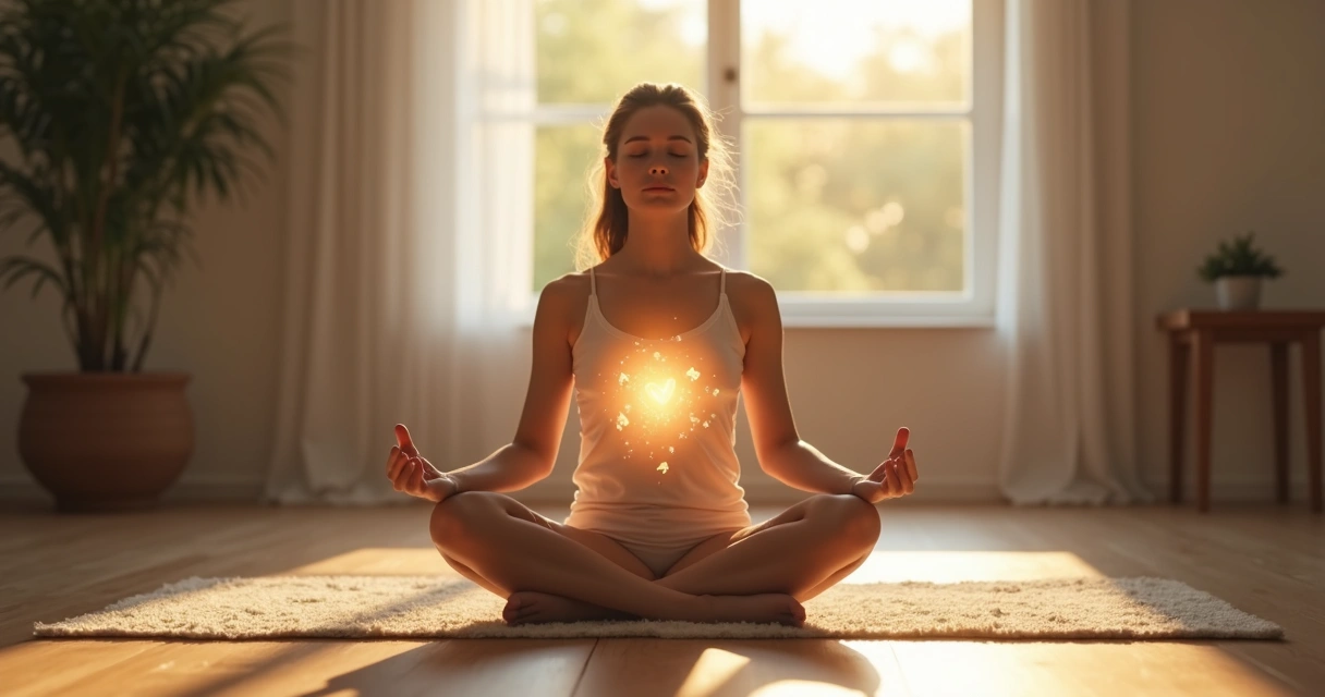 Mujer en postura de meditación con luz cálida en el pecho en ambiente sereno 