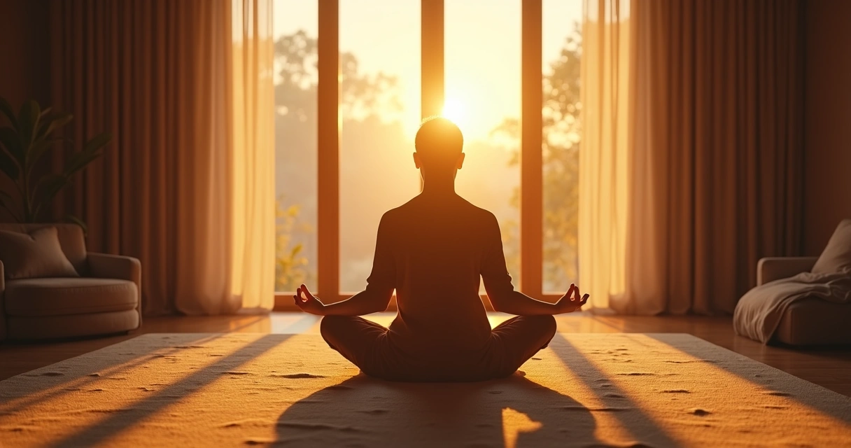 Persona sentada meditando en silencio, luz del amanecer iluminando.