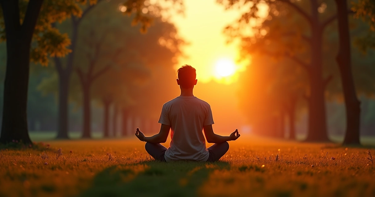 Persona sentada meditando al atardecer en un parque tranquilo, rodeada de árboles 