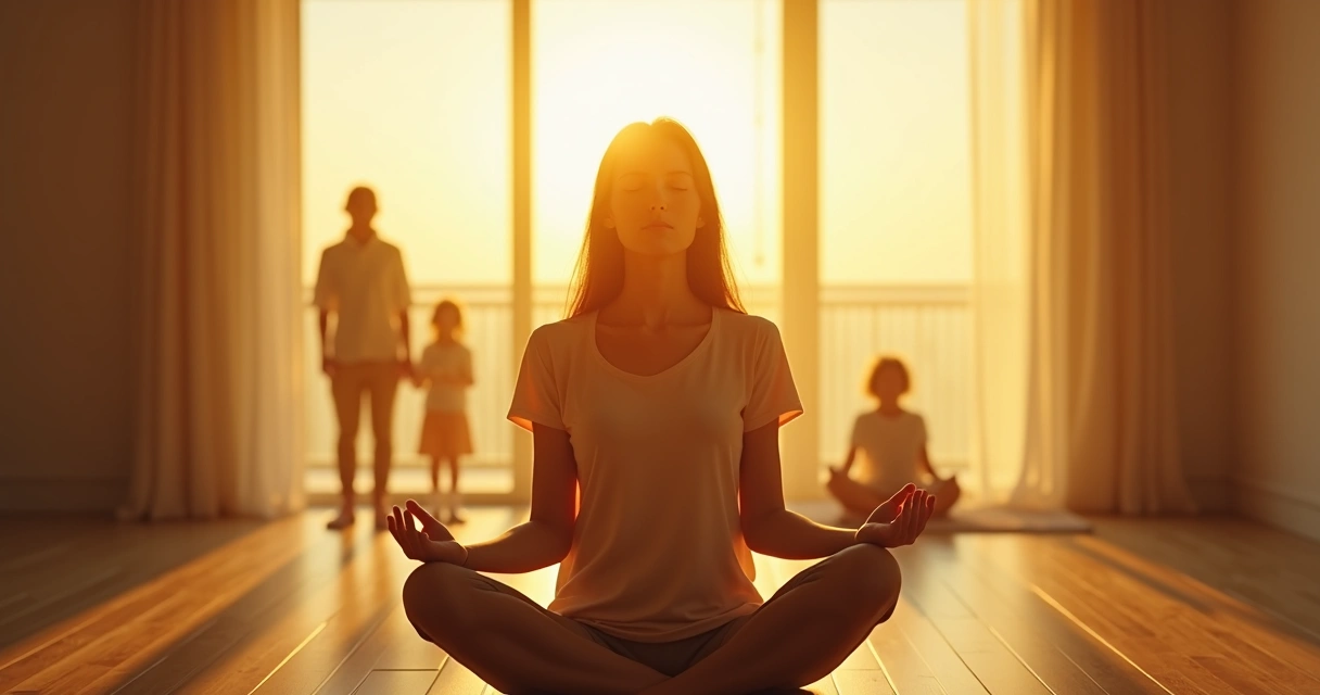 Persona meditando con luz cálida y siluetas familiares al fondo 
