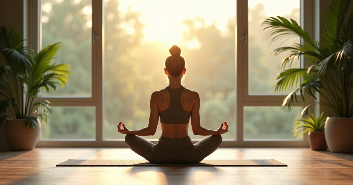 Persona sentada meditando al amanecer con luz suave 