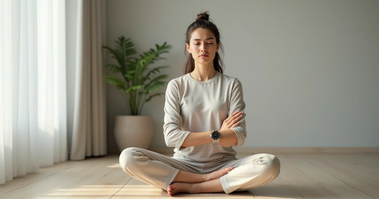 Persona revisando el reloj mientras medita en posición de loto, sentado sobre madera clara 