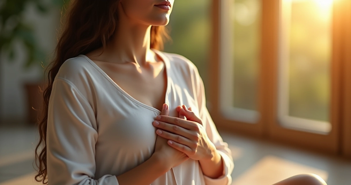 Mano reposando sobre el corazón, persona meditando en calma 