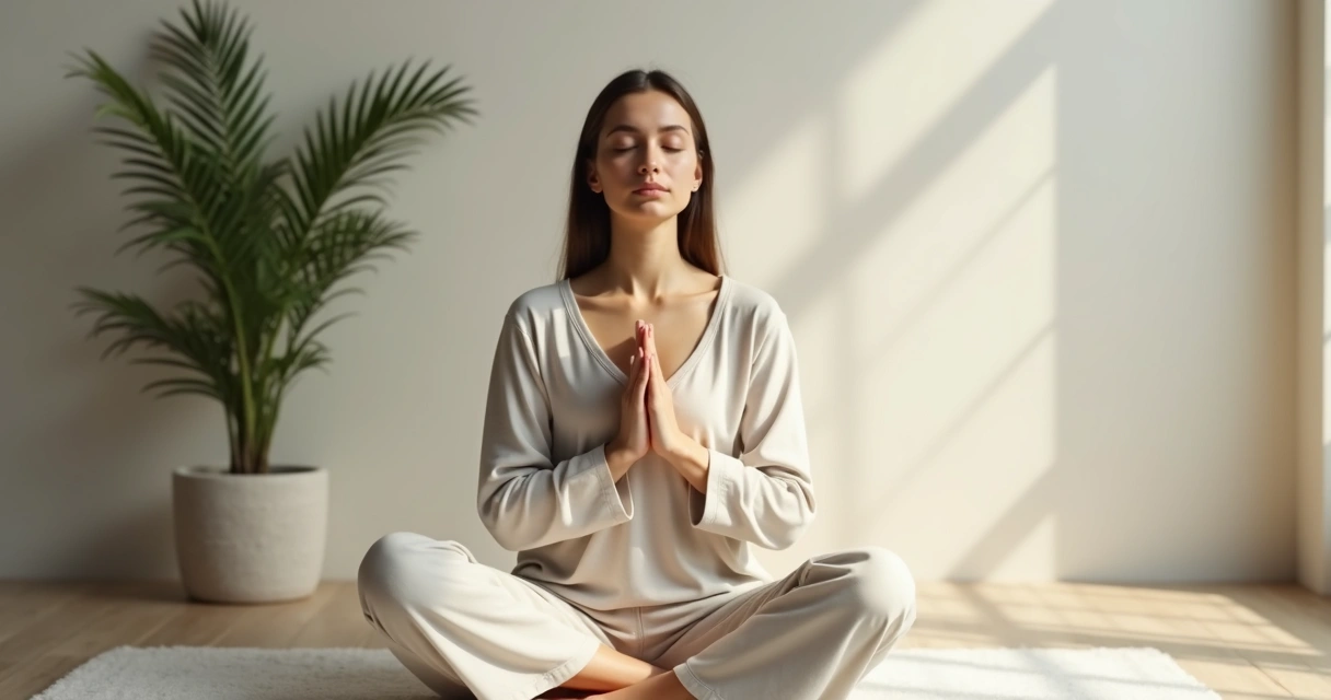 Mujer sentada con los ojos cerrados y las manos sobre el corazón 