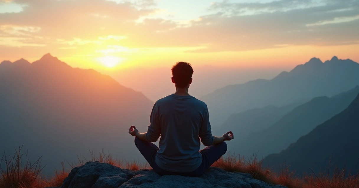 Persona sentada en postura de meditación sobre una montaña con el cielo al fondo