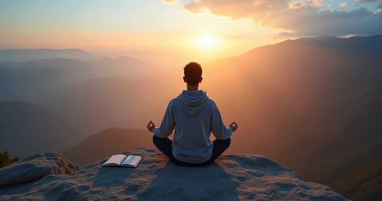Persona sentada meditando en la cima de una montaña al amanecer 