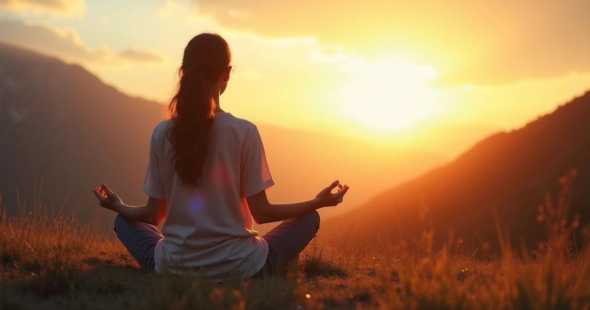 Persona sentada meditando en la naturaleza al amanecer 