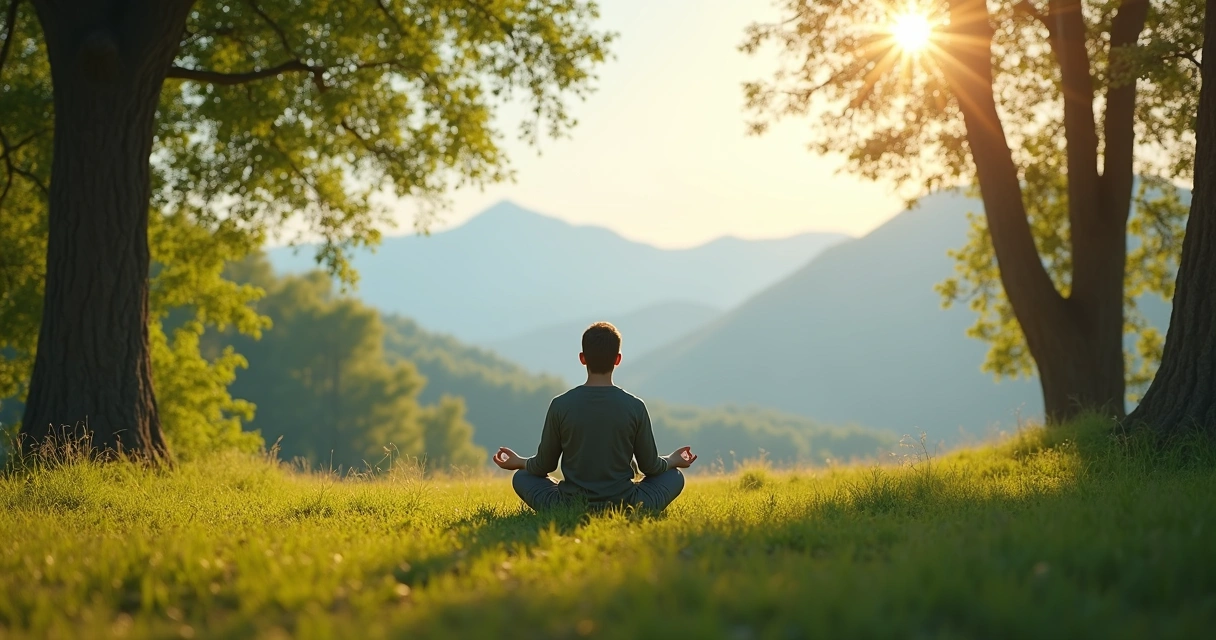 Persona sentada meditando en la naturaleza 