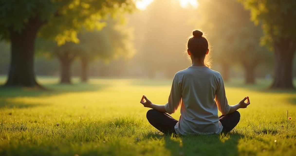 Persona meditando sentada rodeada de naturaleza 