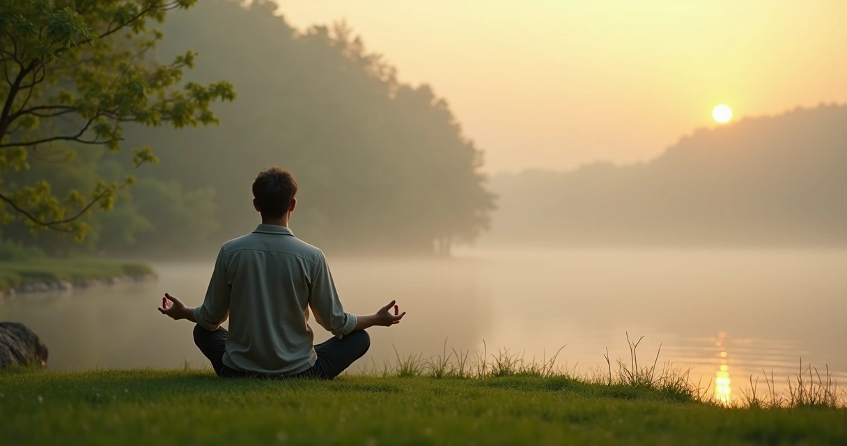 Persona sentada meditando al aire libre, rodeada de naturaleza. 