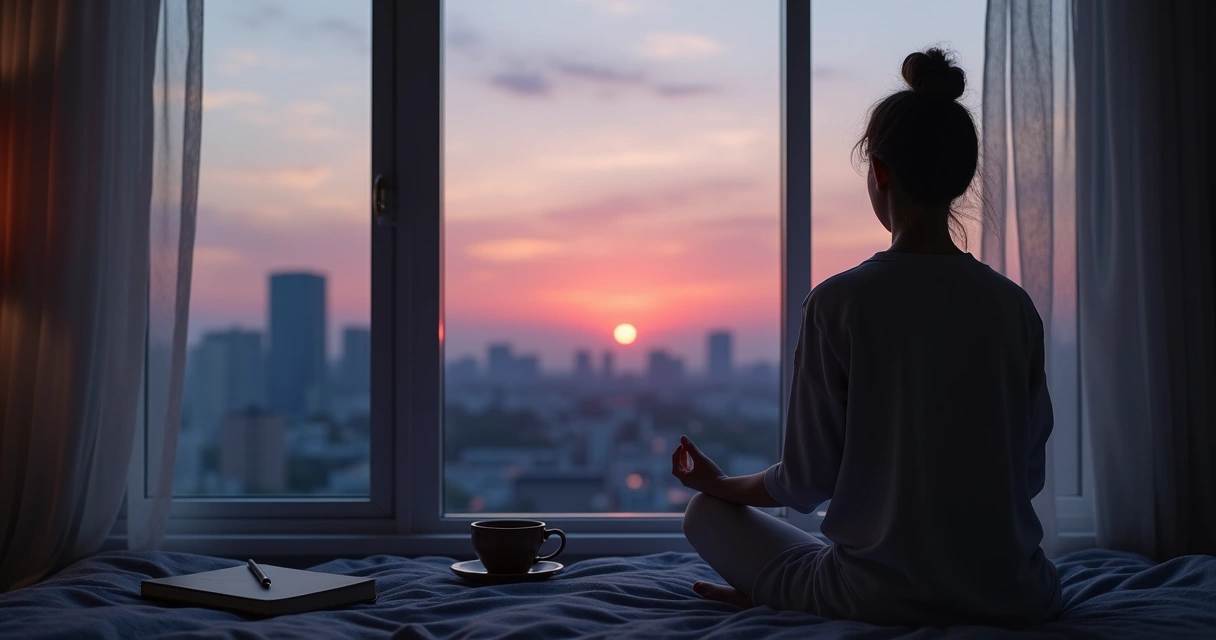 Persona meditando junto a la ventana al anochecer