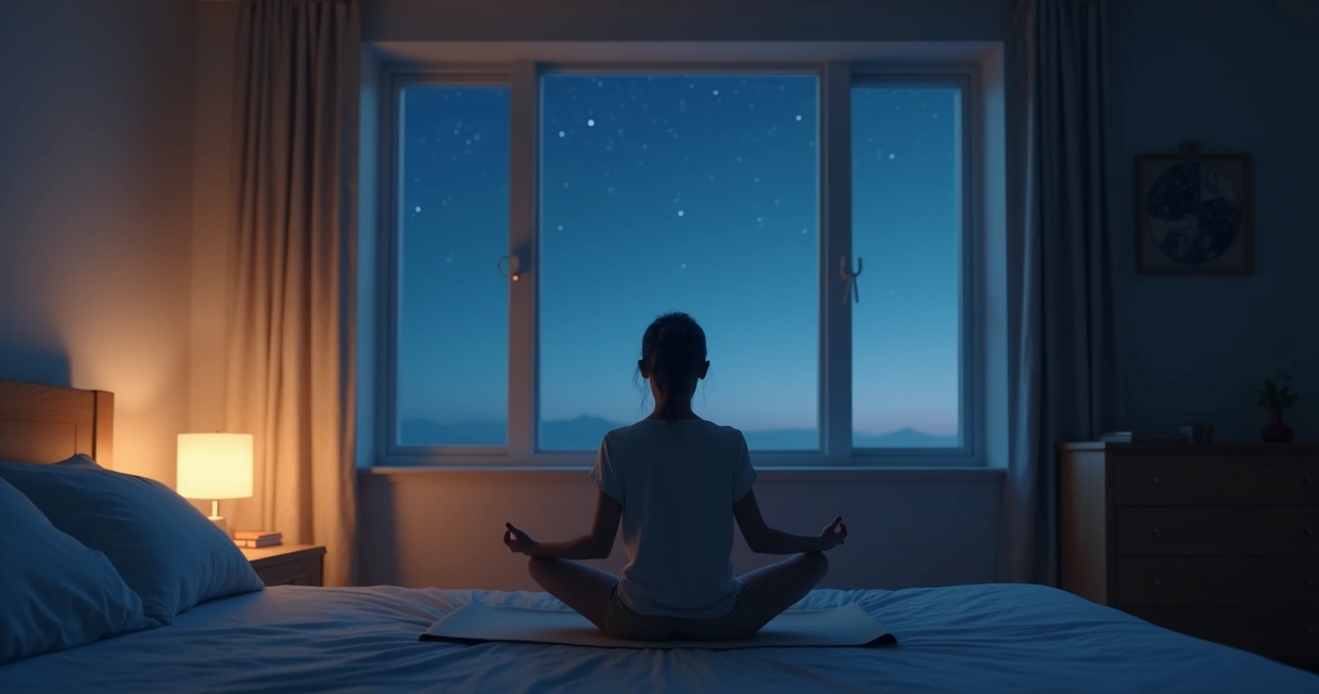 Persona en posición de loto meditando frente a una ventana de noche 