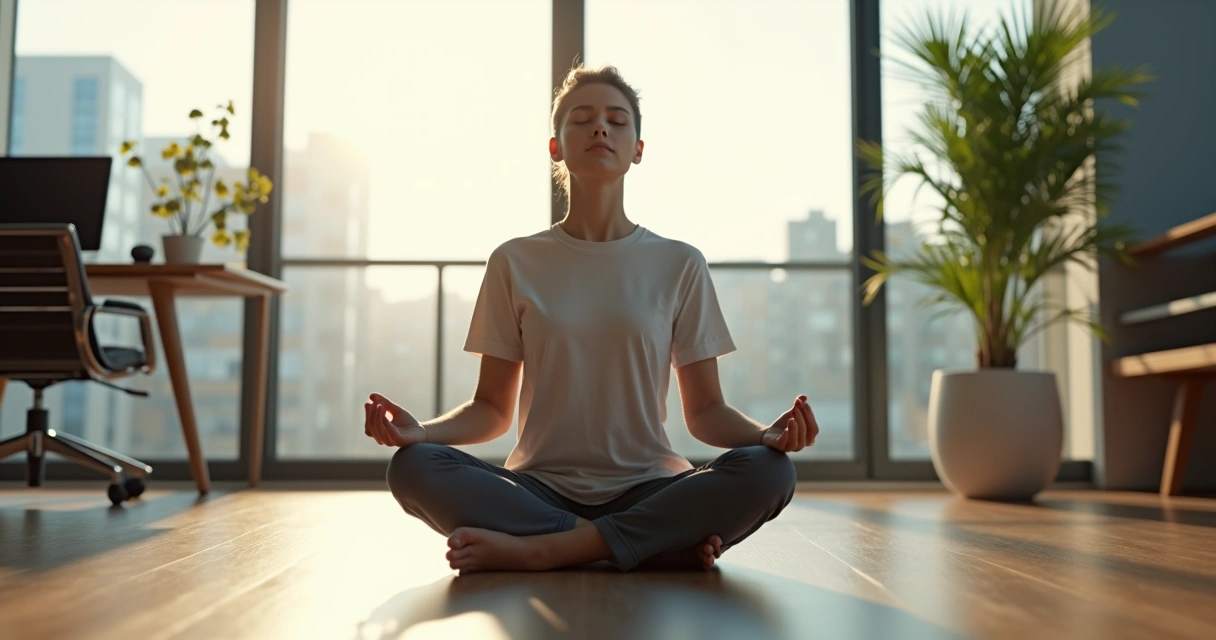 Persona sentada meditando en una oficina moderna, con luz suave de entrada por la ventana