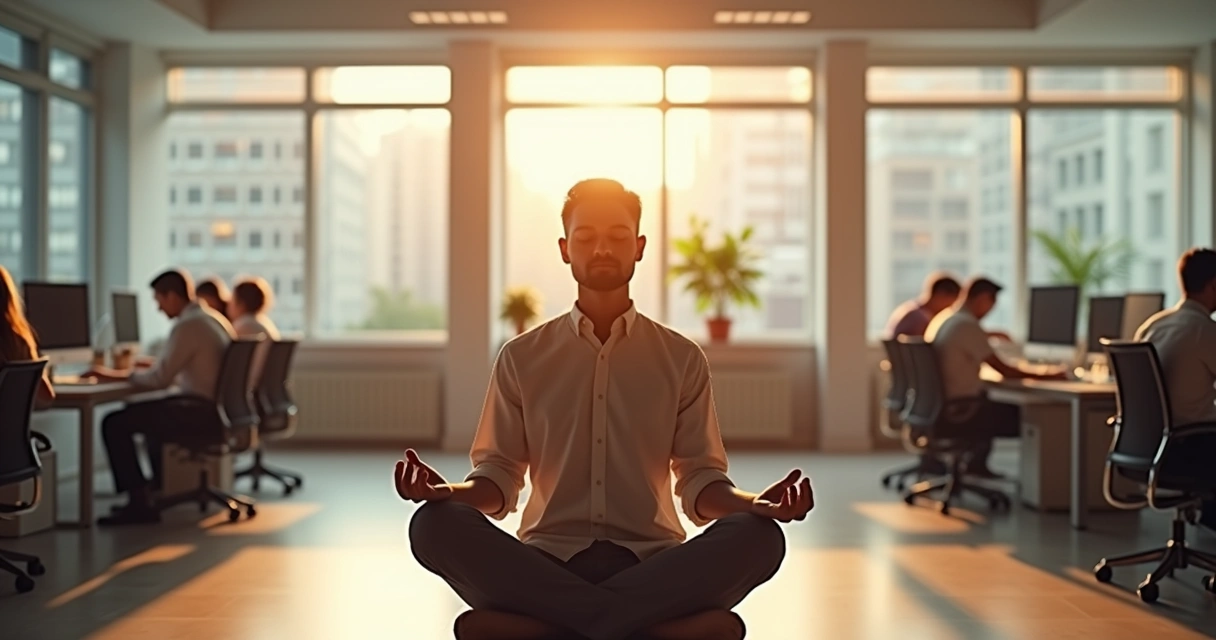 Persona sentada en una oficina moderna meditando en silencio 