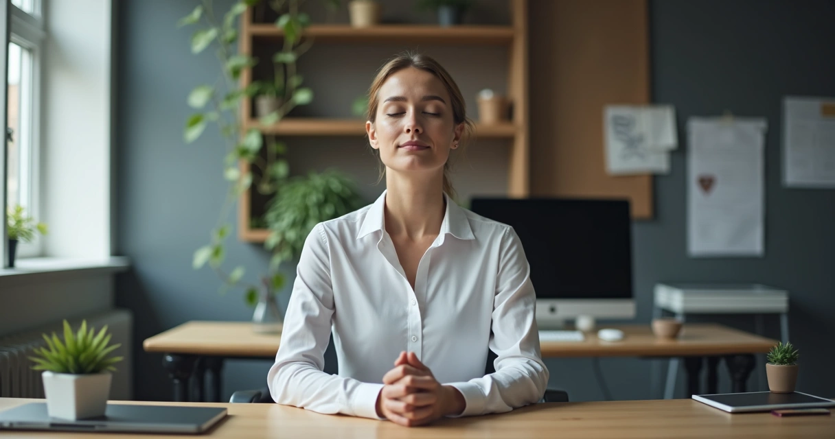 Persona meditando en su escritorio de oficina