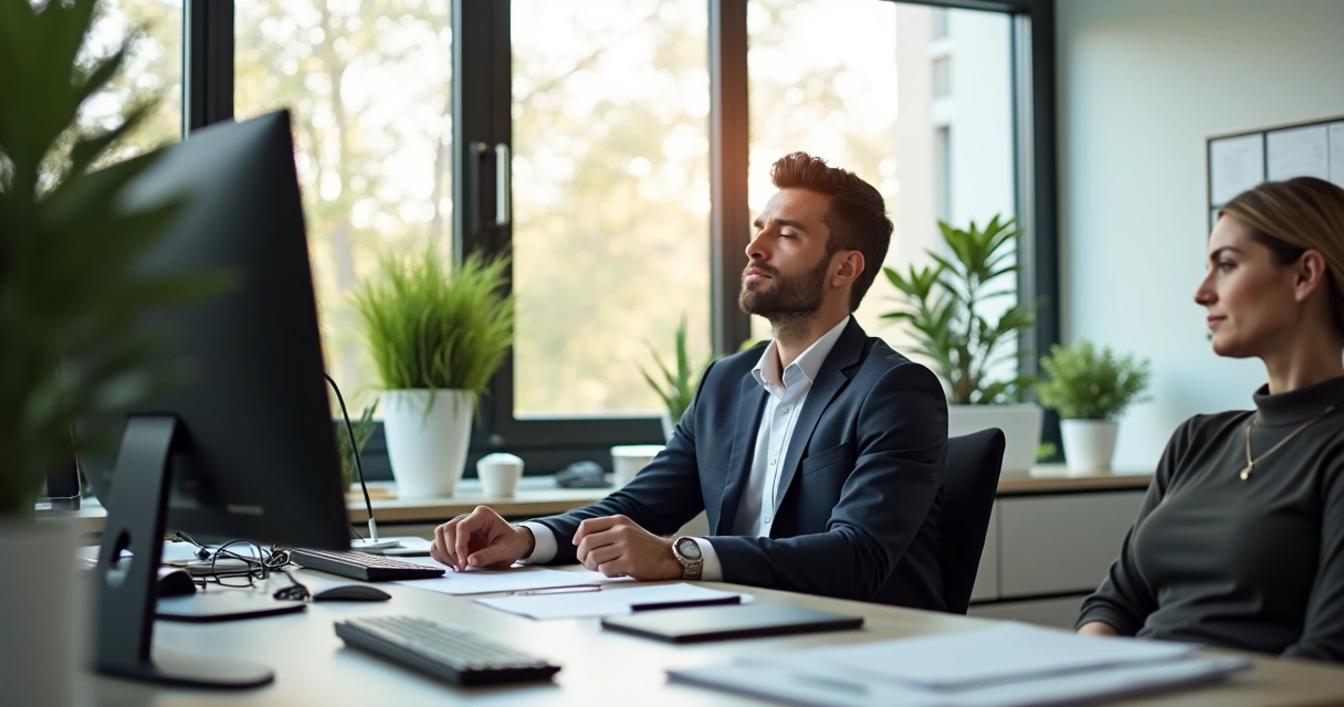 Persona sentada en oficina meditando en silencio.