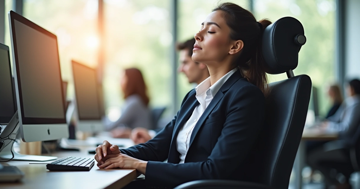 Profesional sentado en silla de oficina realizando una pausa meditativa 
