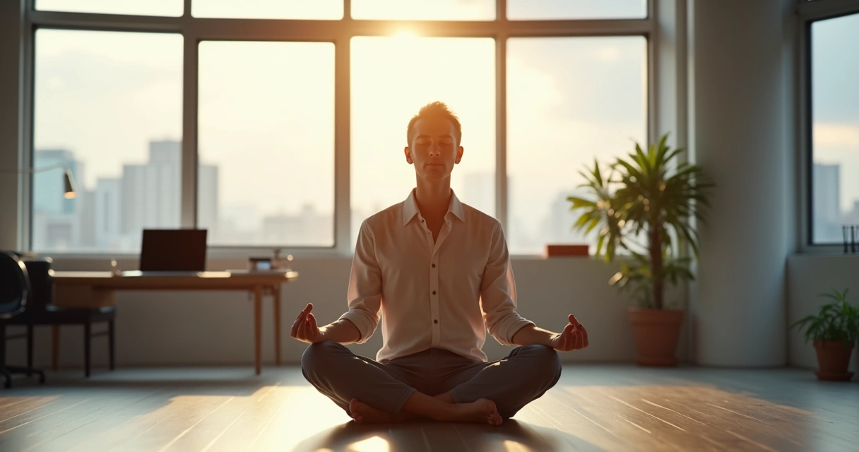 Persona haciendo meditación sentada en oficina con luz natural 