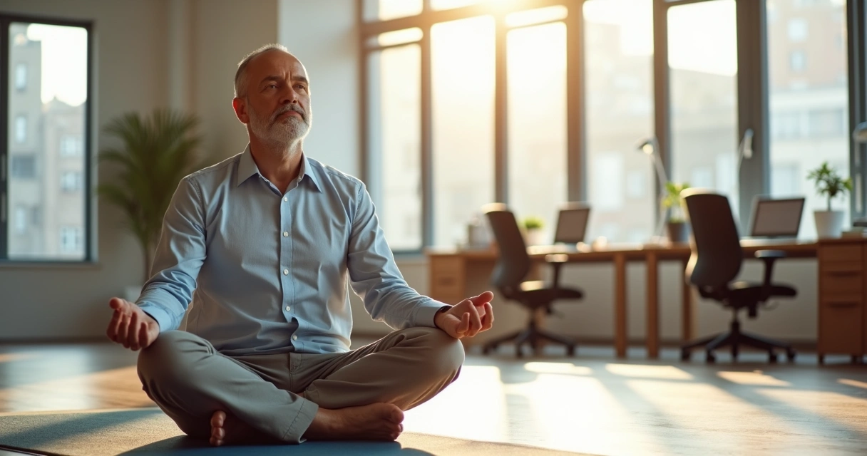Persona meditando en una oficina moderna con luz natural 