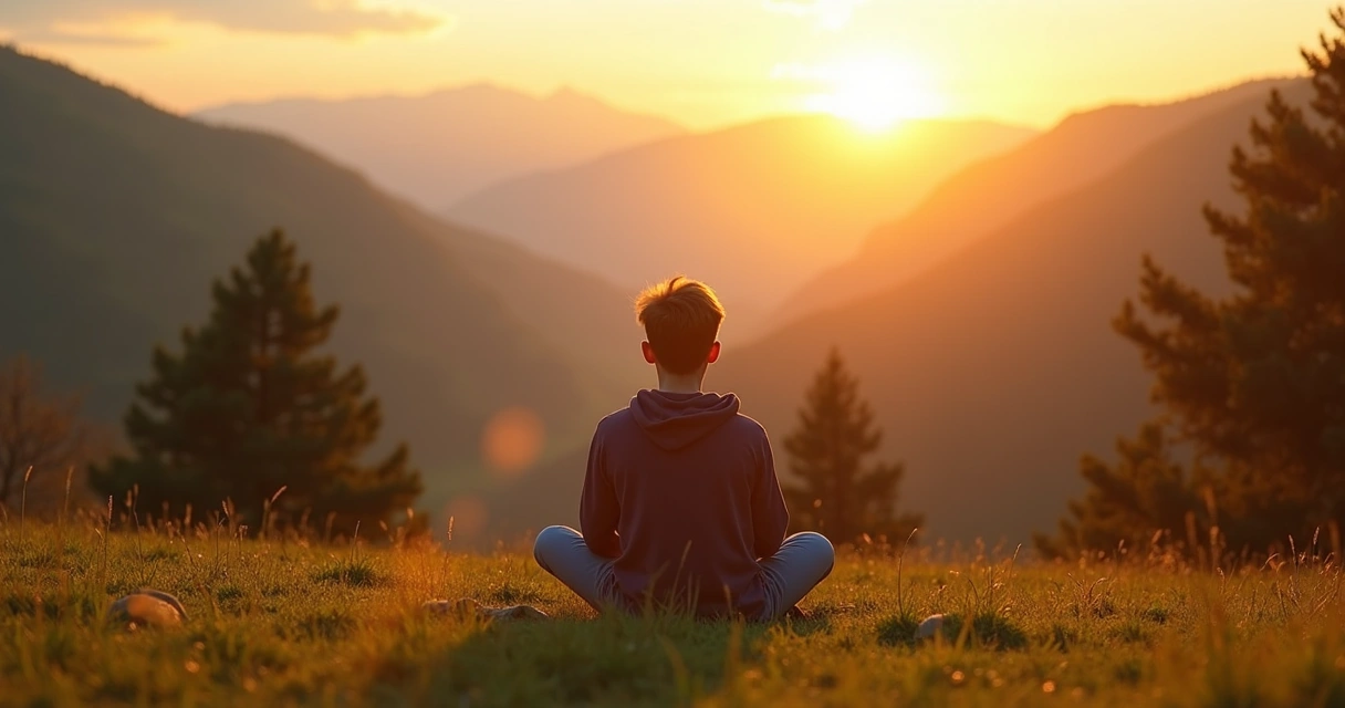 Joven meditando en la naturaleza al atardecer 