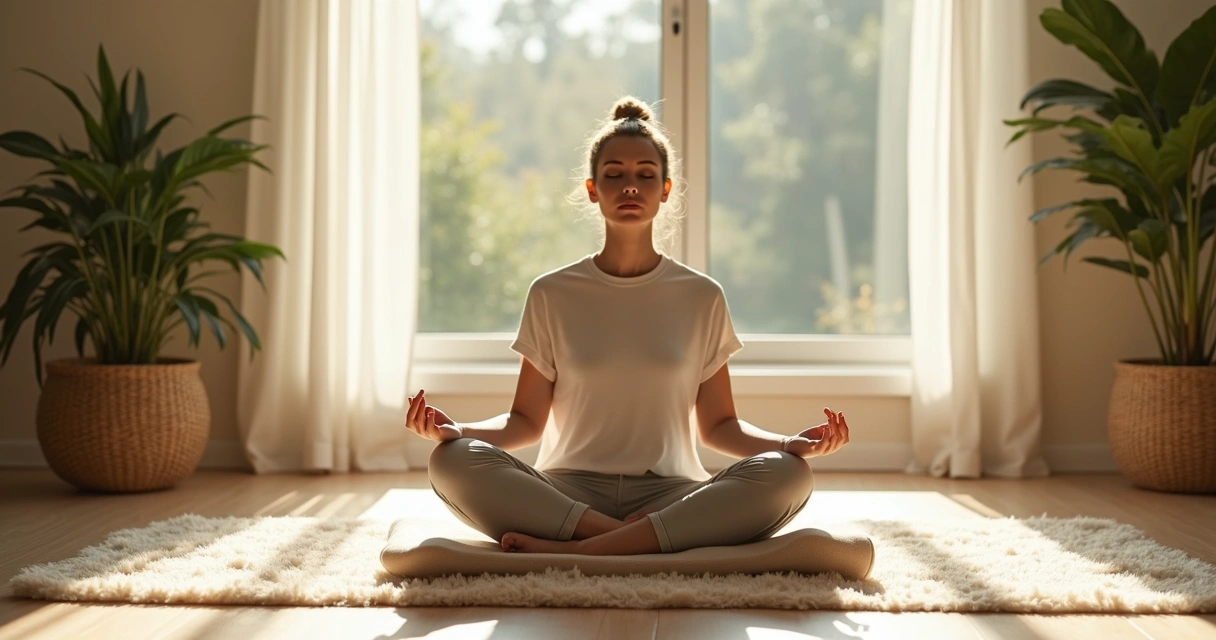 Persona sentada meditando y reflexionando en un espacio tranquilo con luz natural. 