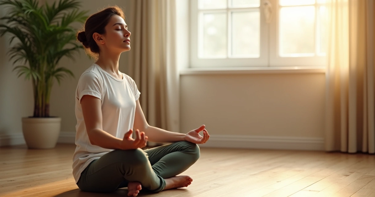 Persona sentada en posición de meditación practicando respiración nasal, fondo suave y luz cálida.