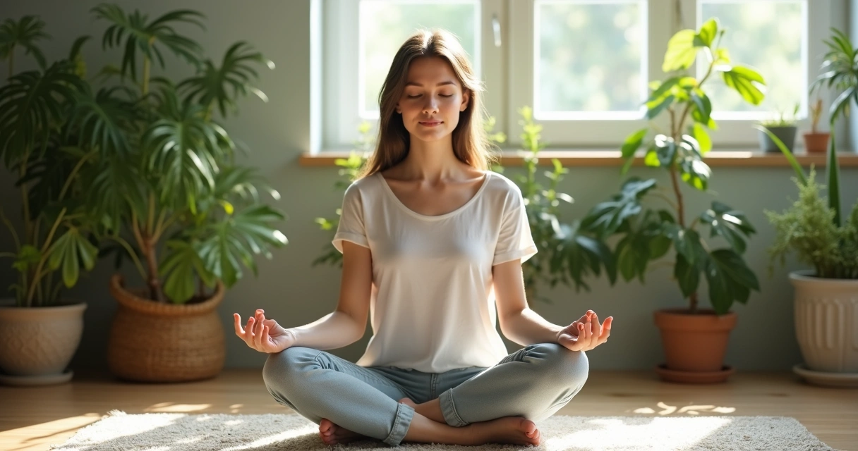 Mujer sentada meditando entre plantas, haciendo respiración consciente