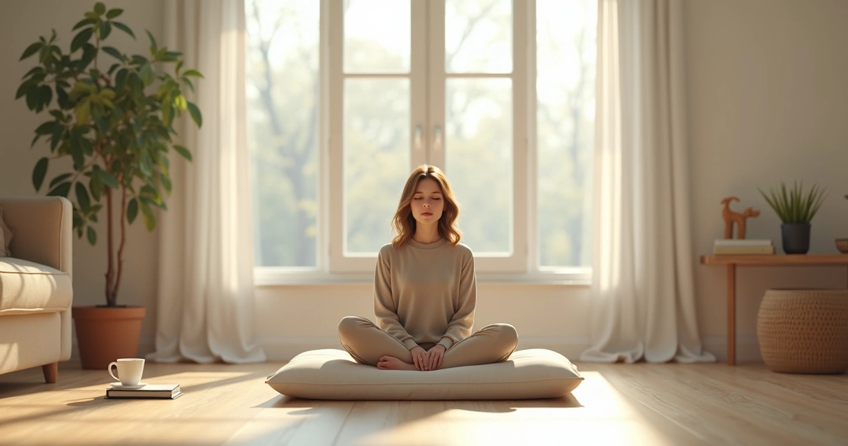 Persona sentada meditando en una sala luminosa 