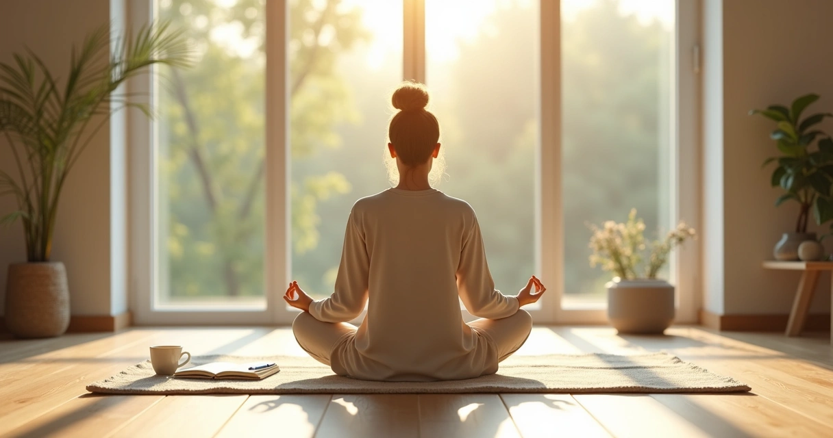 Persona sentada en silencio meditando en una sala luminosa 