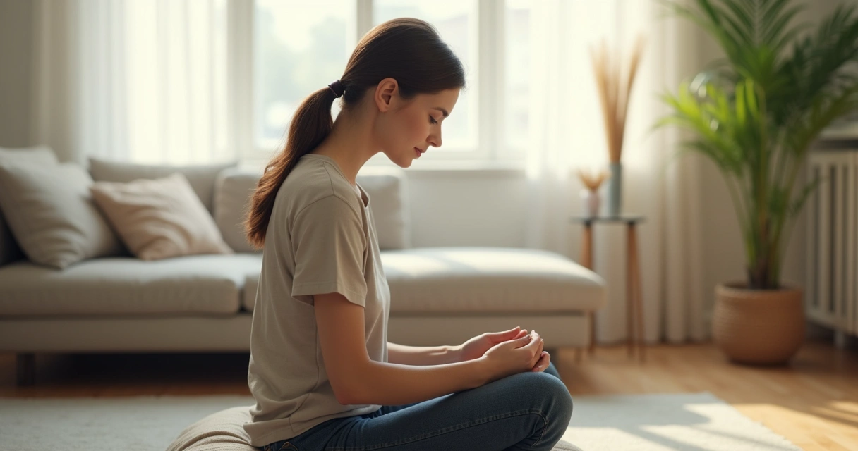 Persona sentada meditando en un salón tranquilo