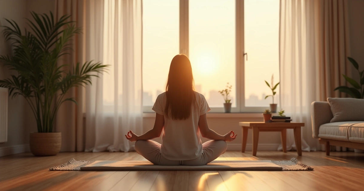 Persona sentada meditando en un salón tranquilo 