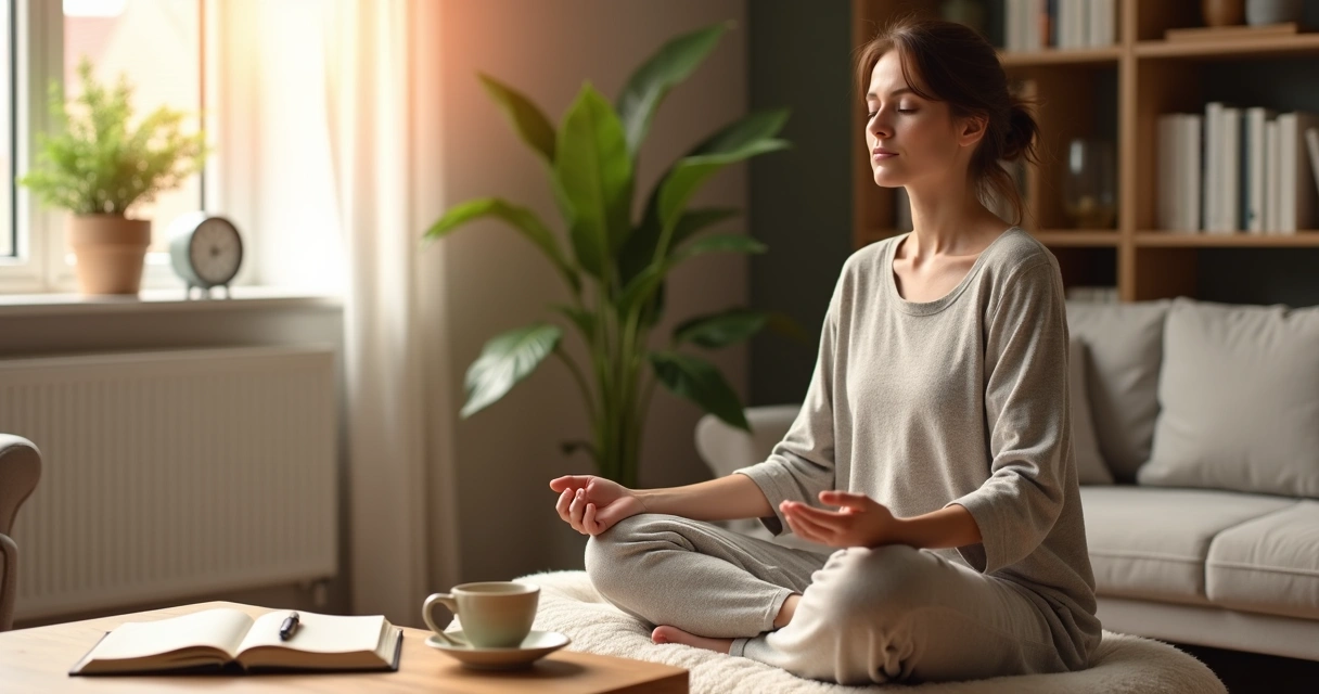 Persona meditando sentada en un salón luminoso con luz natural 