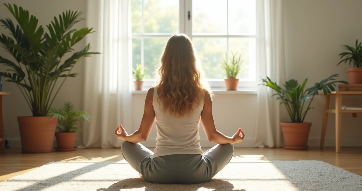 Persona sentada meditando en posición de loto en un salón minimalista iluminado por la luz natural. 