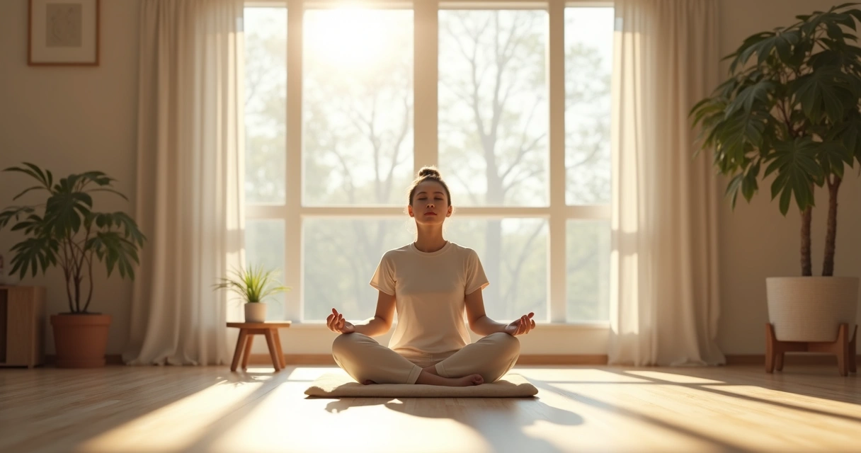 Persona sentada meditando en un salón iluminado y tranquilo
