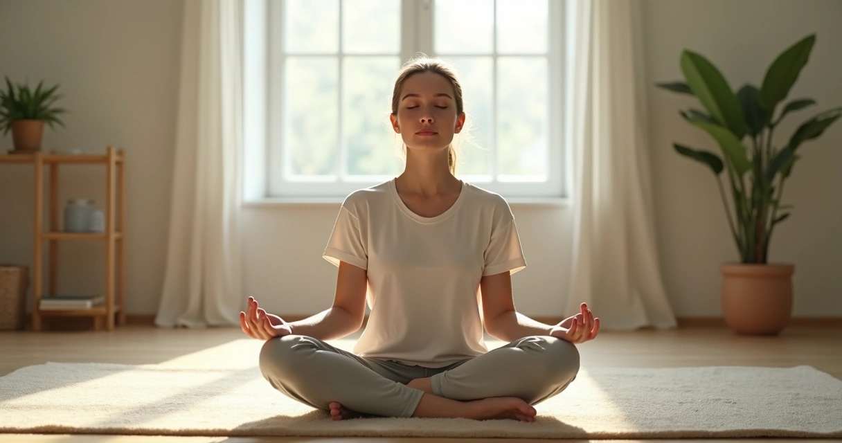 Persona sentada en postura de meditación con expresión serena 