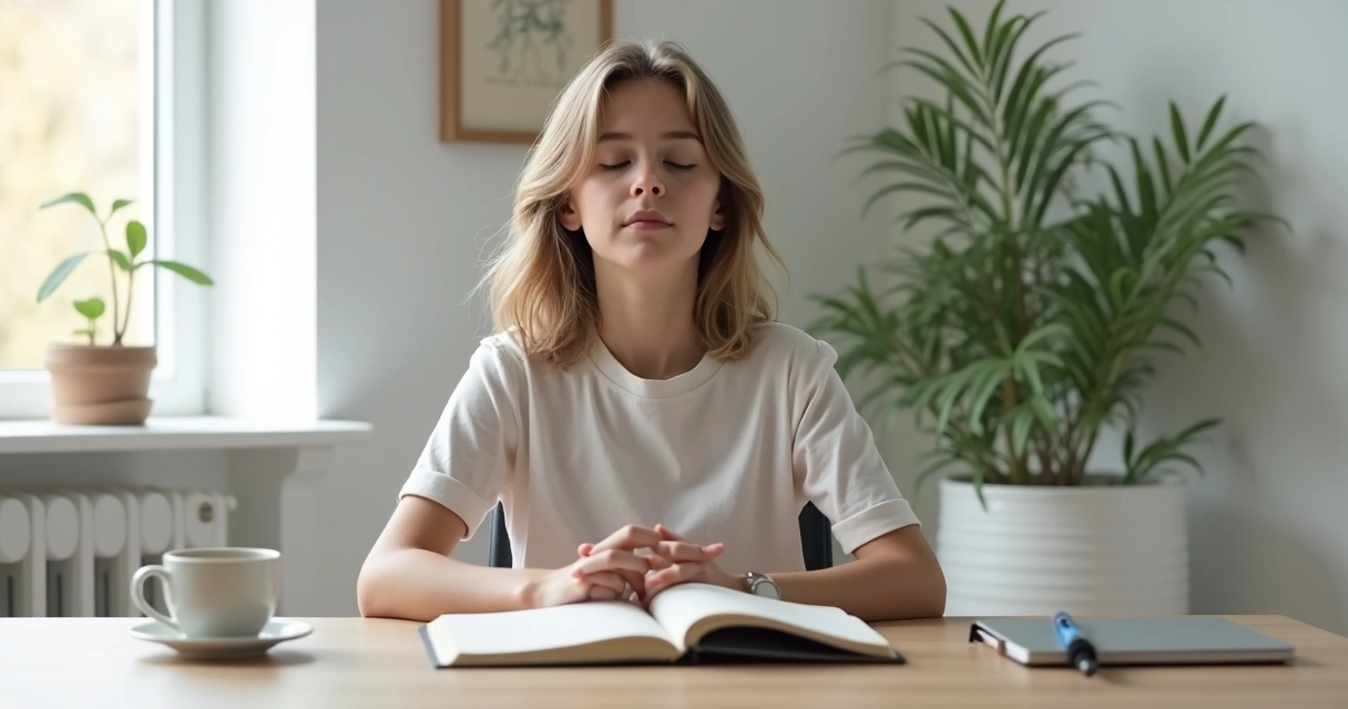 Persona sentada en un escritorio meditando y tomando notas 