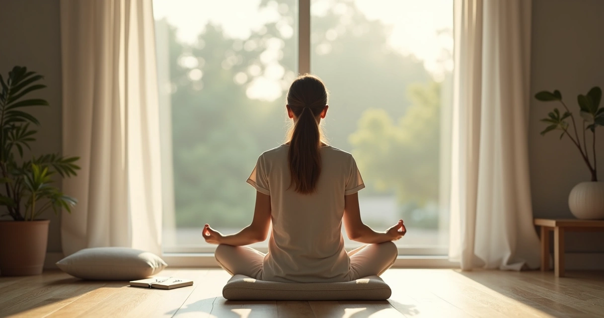 Persona sentada meditando en silencio frente a una ventana luminosa 