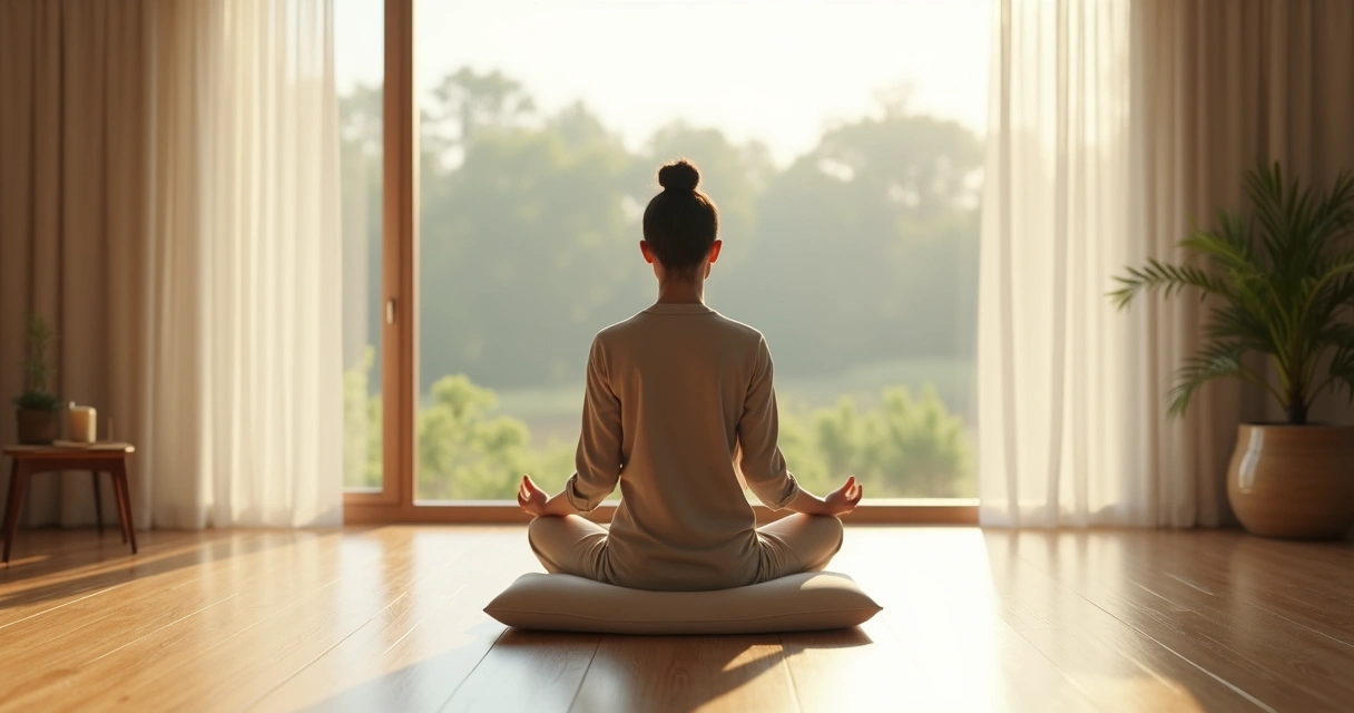 Persona sentada meditando en silencio frente a una ventana con luz suave 