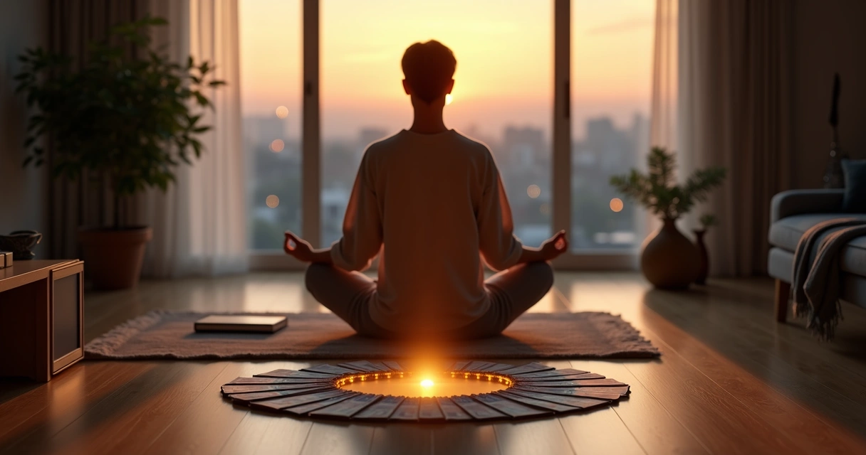 Persona meditando sobre billetes con una luz dorada alrededor 
