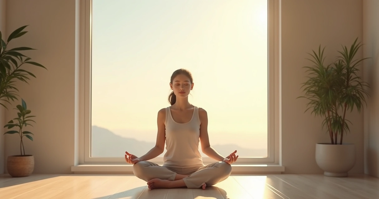 Persona sentada meditando junto a una ventana, luz natural entra e ilumina la habitación. 