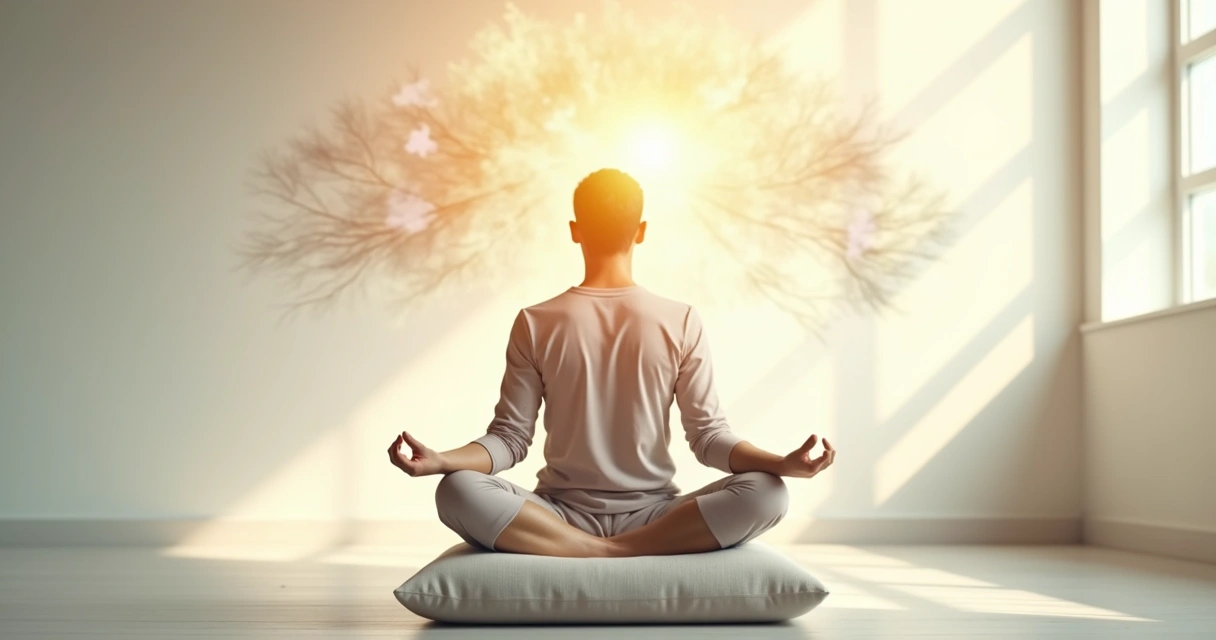 Persona sentada en silencio observando sus pensamientos con serenidad 