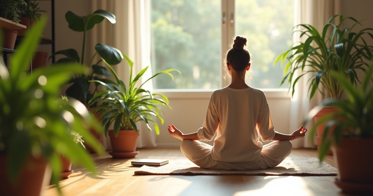 Persona sentada meditando junto a una ventana con luz natural